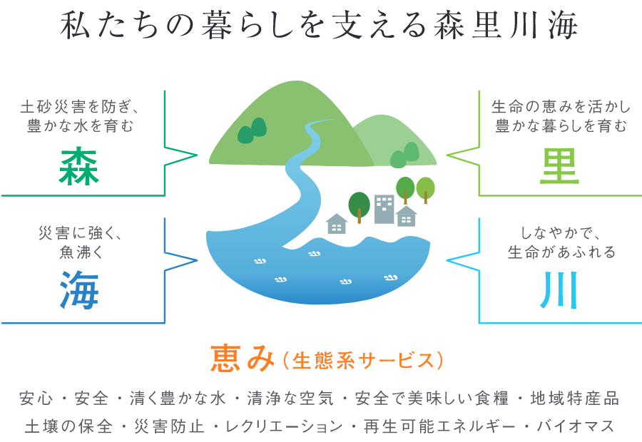 私たちの暮らしを支える森里山川…安心・安全・清く豊かな水・清浄な空気・安全で美味しい食糧・地域特産品・土壌の保全・災害防止・レクリエーション・再生可能エネルギー・バイオマス